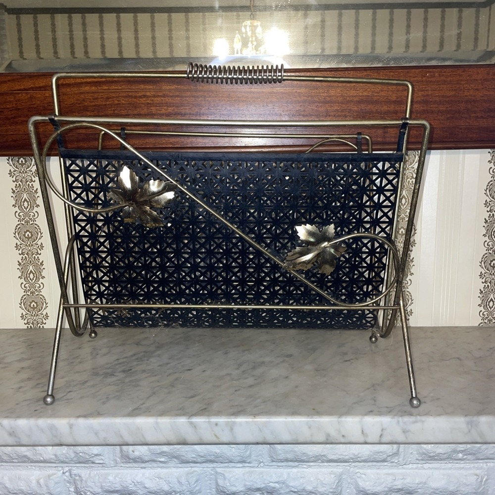 Vintage MCM Brass Black Metal Album Book Magazine Rack Holder Mesh Mid Century - Picture 2 of 7